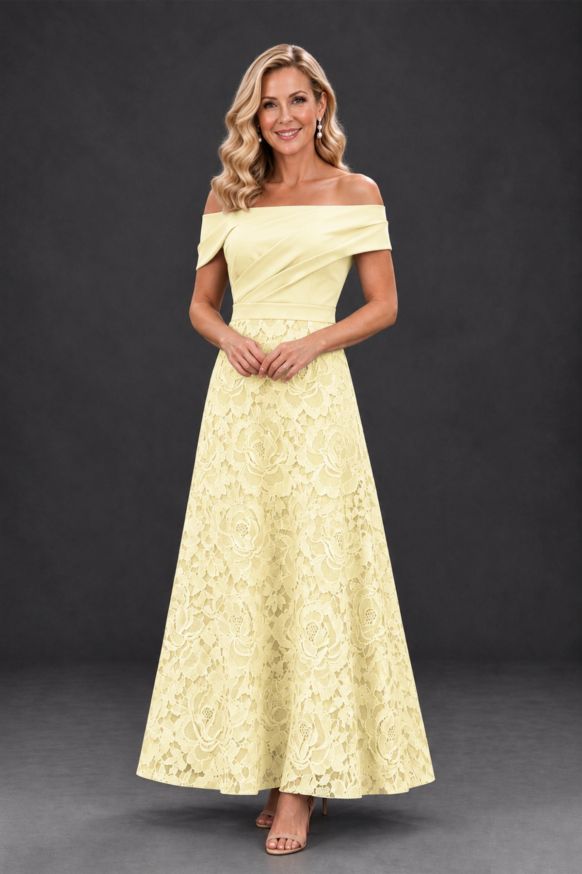 BOLODOO Light Yellow Off-the-Shoulder Floral A-Line Mother of the Bride Dress - Light Yellow - Light Yellow_1