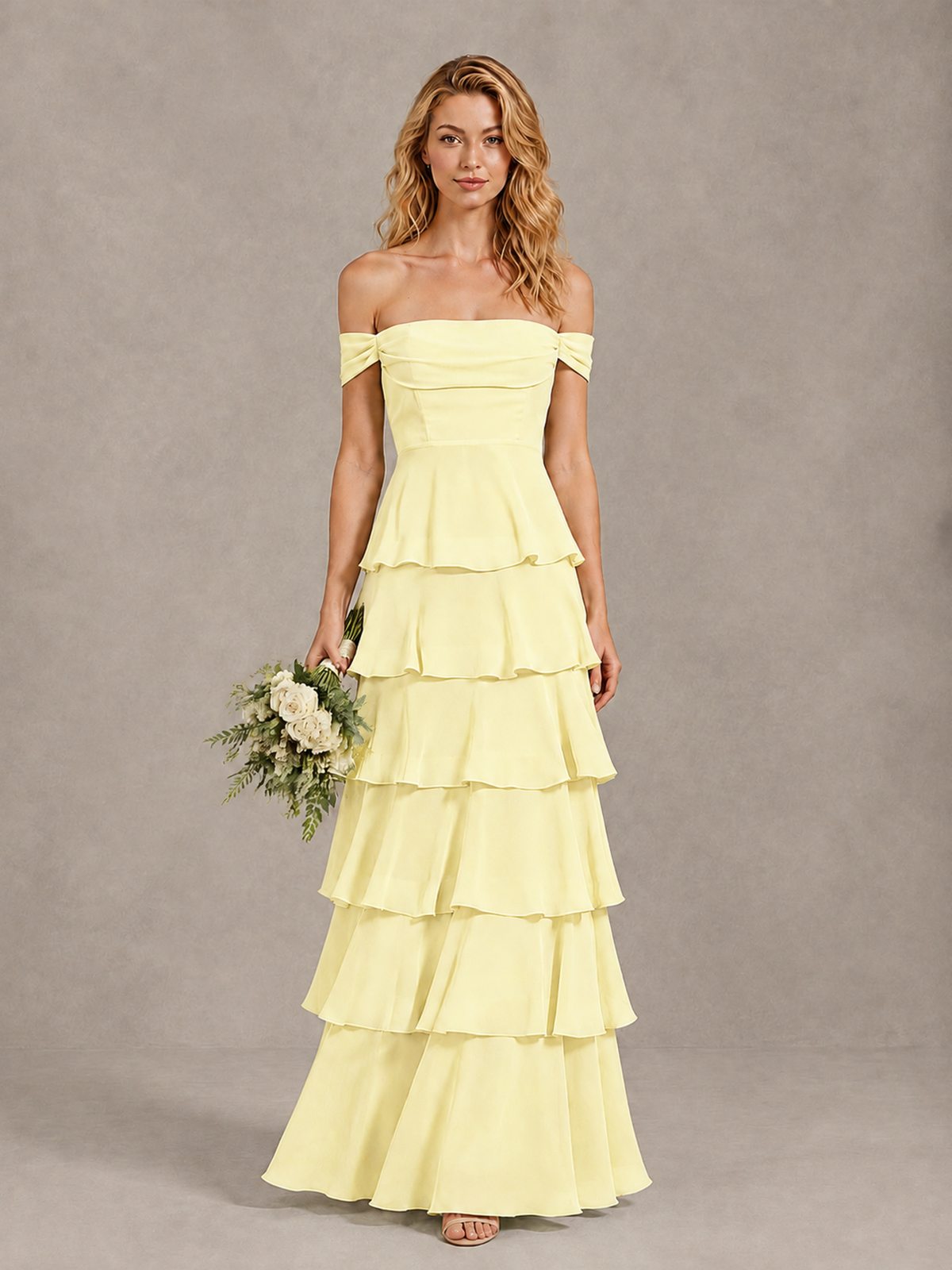 BOLODOO Light Yellow Off-Shoulder Tiered Ruffle Bridesmaid Dress with Lace-Up Back - Light Yellow - Light Yellow_1