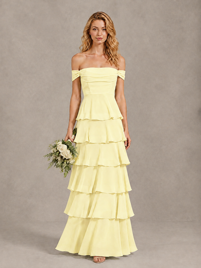 BOLODOO Light Yellow Off-Shoulder Tiered Ruffle Bridesmaid Dress with Lace-Up Back - Light Yellow - Light Yellow_1