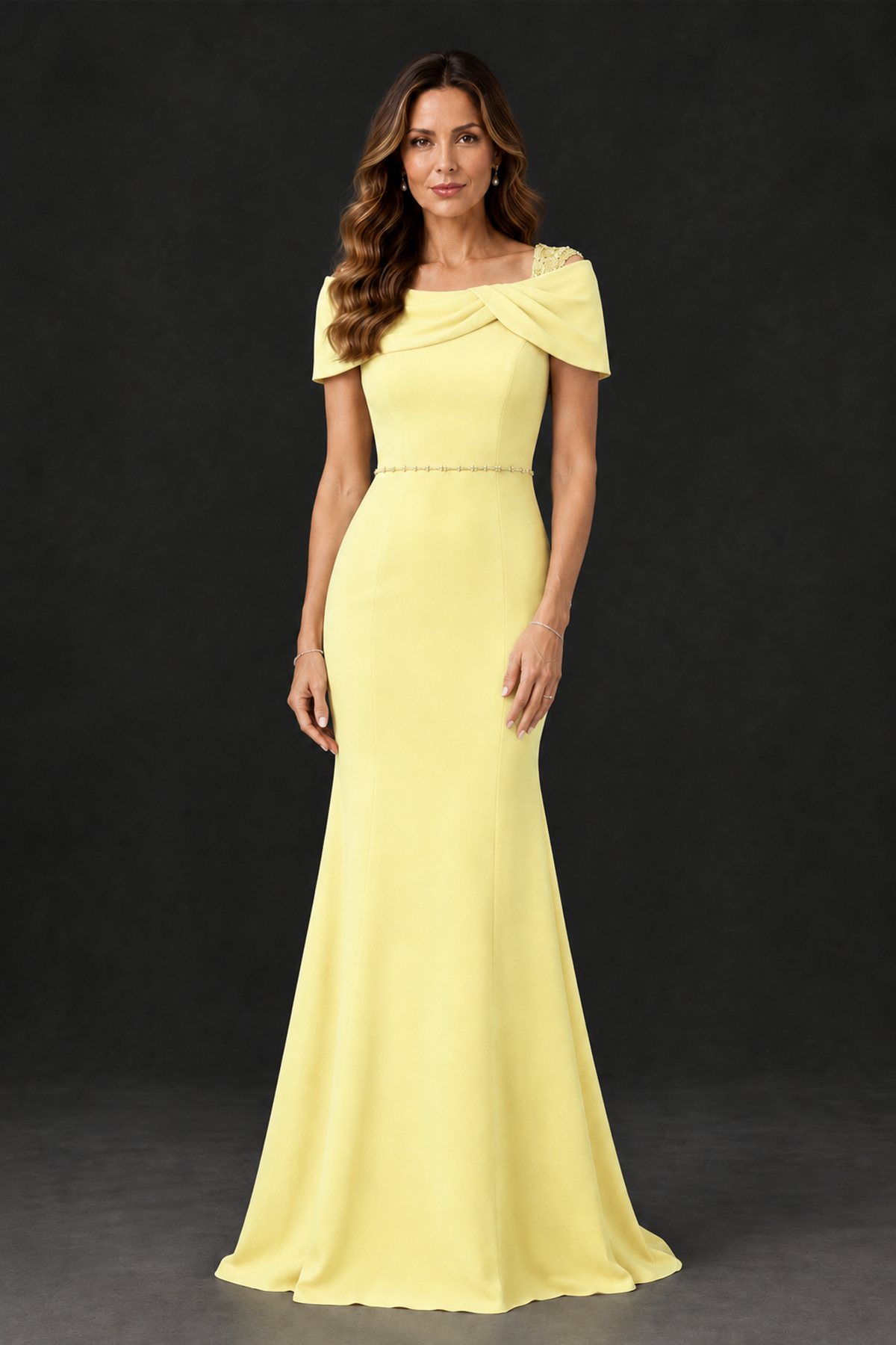 BOLODOO Light Yellow Mother of the Bride Dress with Draped Cape Detail - Light Yellow - Light_Yellow_1
