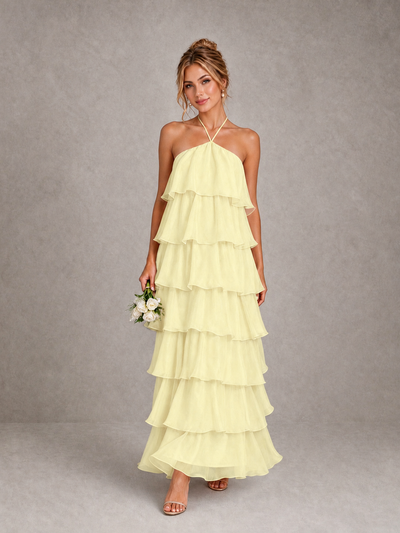 BOLODOO Light Yellow Halter Tiered Ruffle Maxi Bridesmaid Dress - Light Yellow - Light Yellow_1