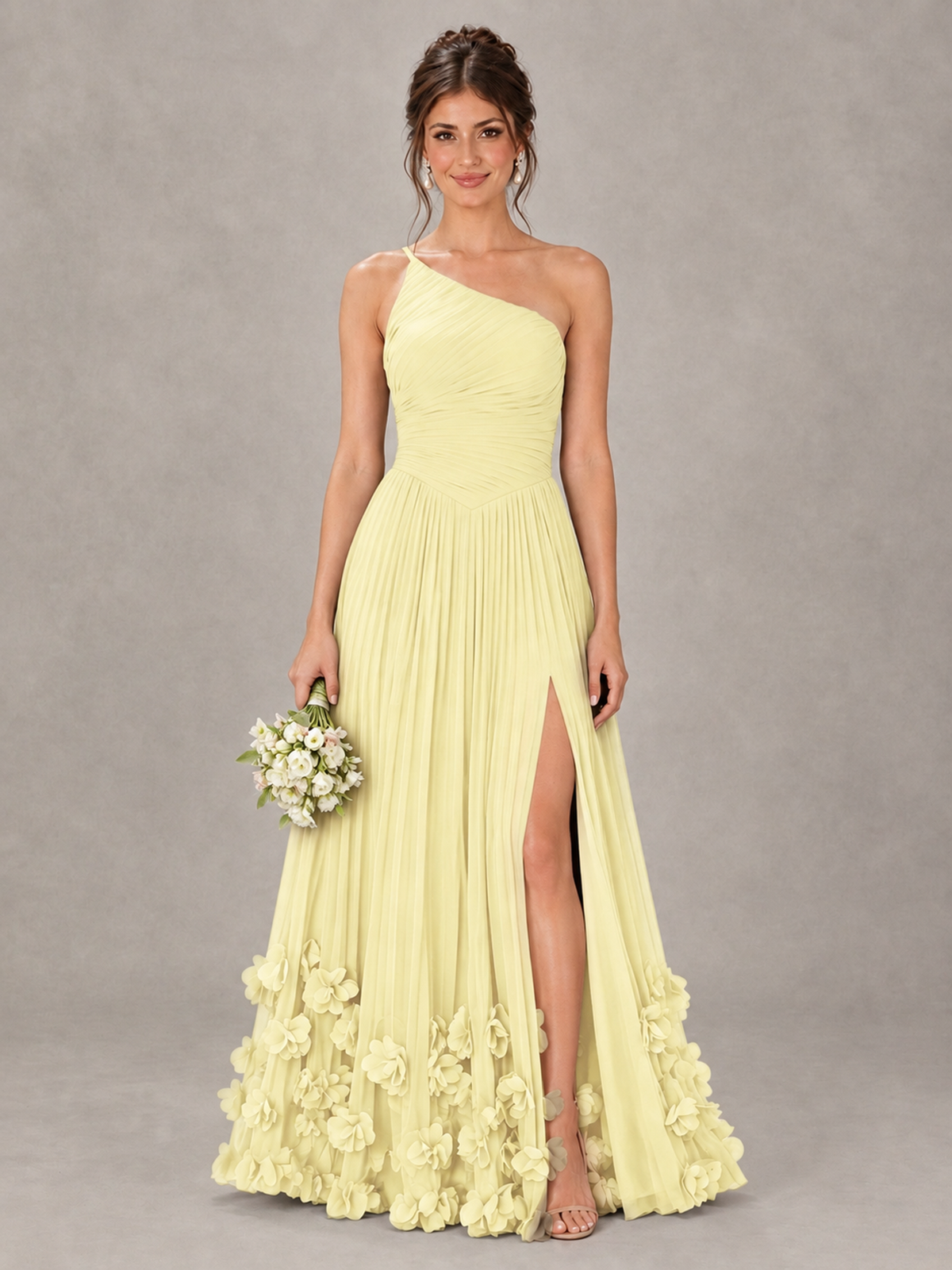 BOLODOO Light Yellow One-Shoulder Pleated Bridesmaid Dress with 3D Floral Hem - Light Yellow - Light Yellow_1
