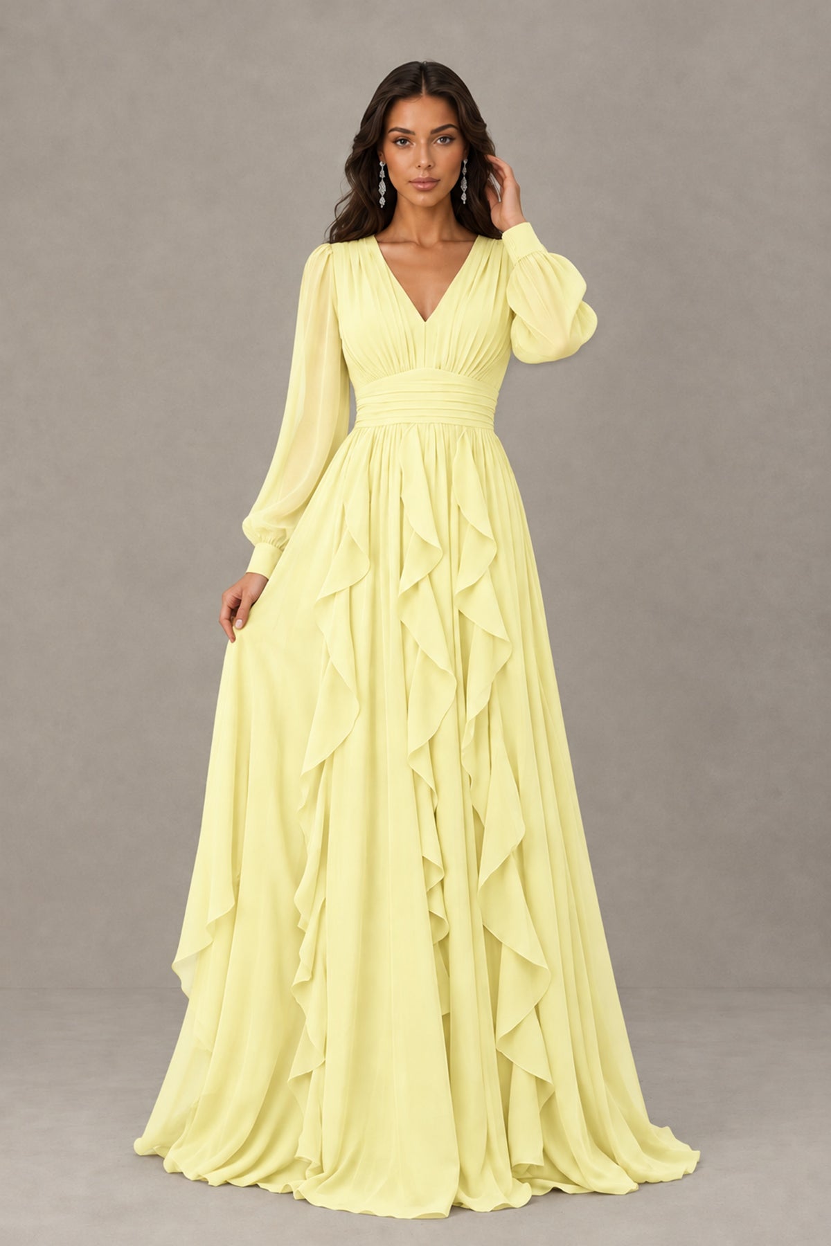 BOLODOO Light Yellow Long Sleeve V-Neck Ruffle Maxi Dress - Light Yellow