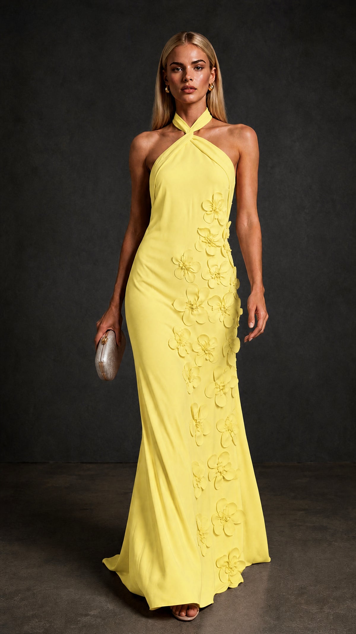BOLODOO Light Yellow Cross Halter Neck 3D Floral Appliqué Backless Mermaid Maxi Gown - Light Yellow