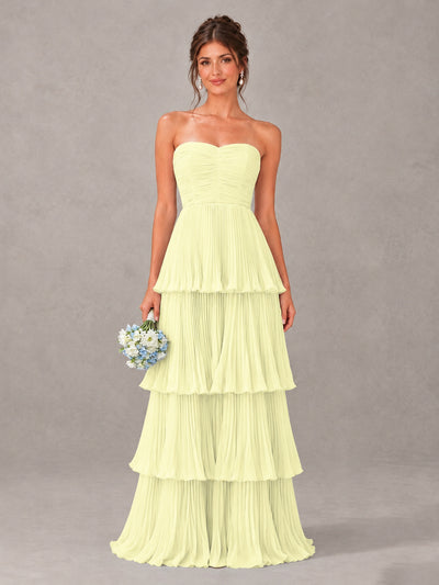 BOLODOO Light Yellow Strapless Tiered Pleated Bridesmaid Dress - Light Yellow - Light Yellow_1