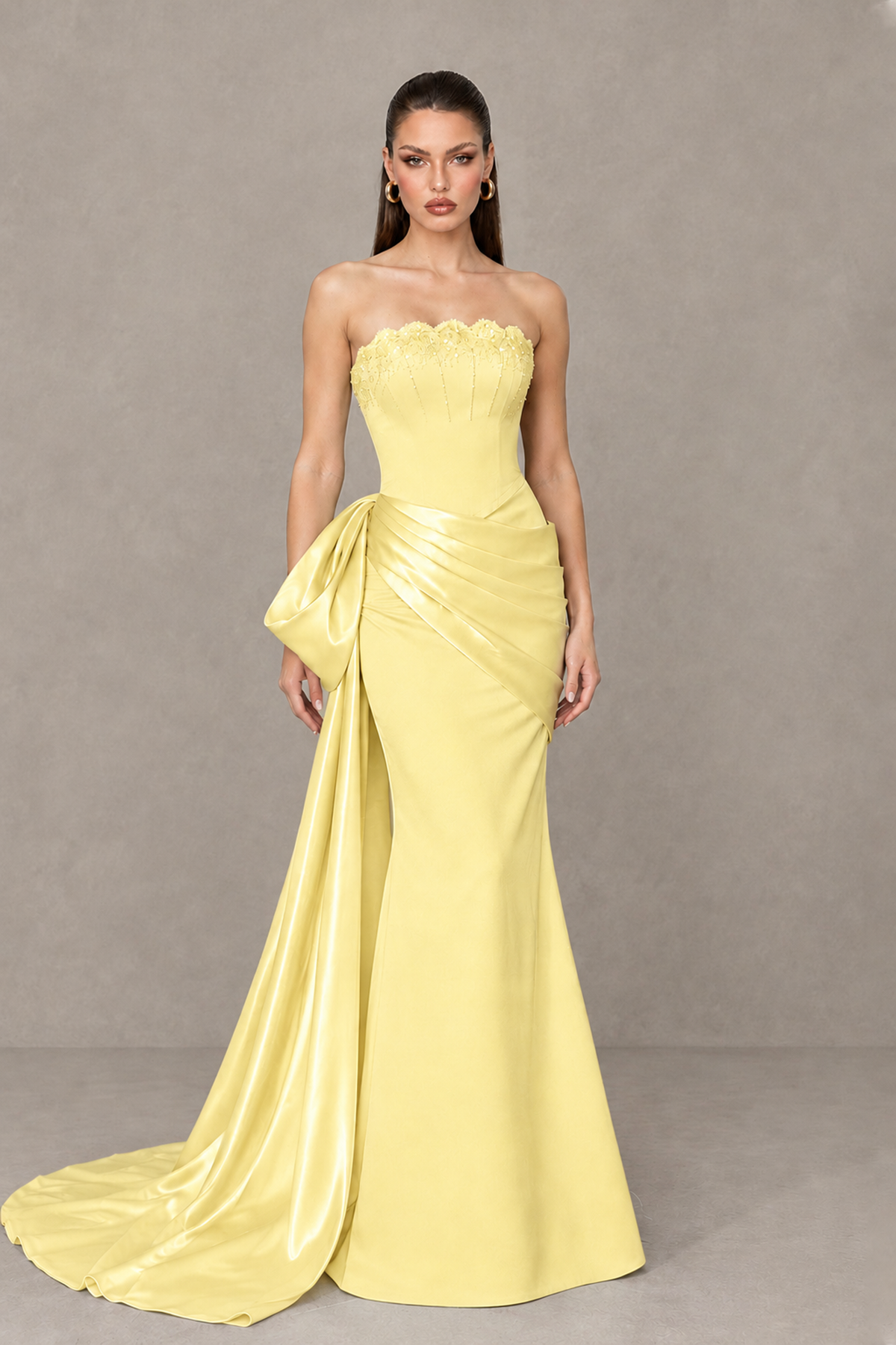 BOLODOO Light Yellow Strapless Satin Prom Dress with Draped Side Train - Light Yellow - Light_Yellow_1