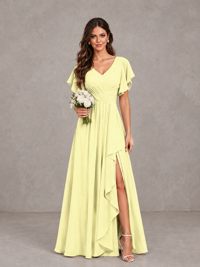 BOLODOO Light Yellow Flutter Sleeve V-Neck Bridesmaid Dress with Ruffle Slit - Light Yellow - Light Yellow_1