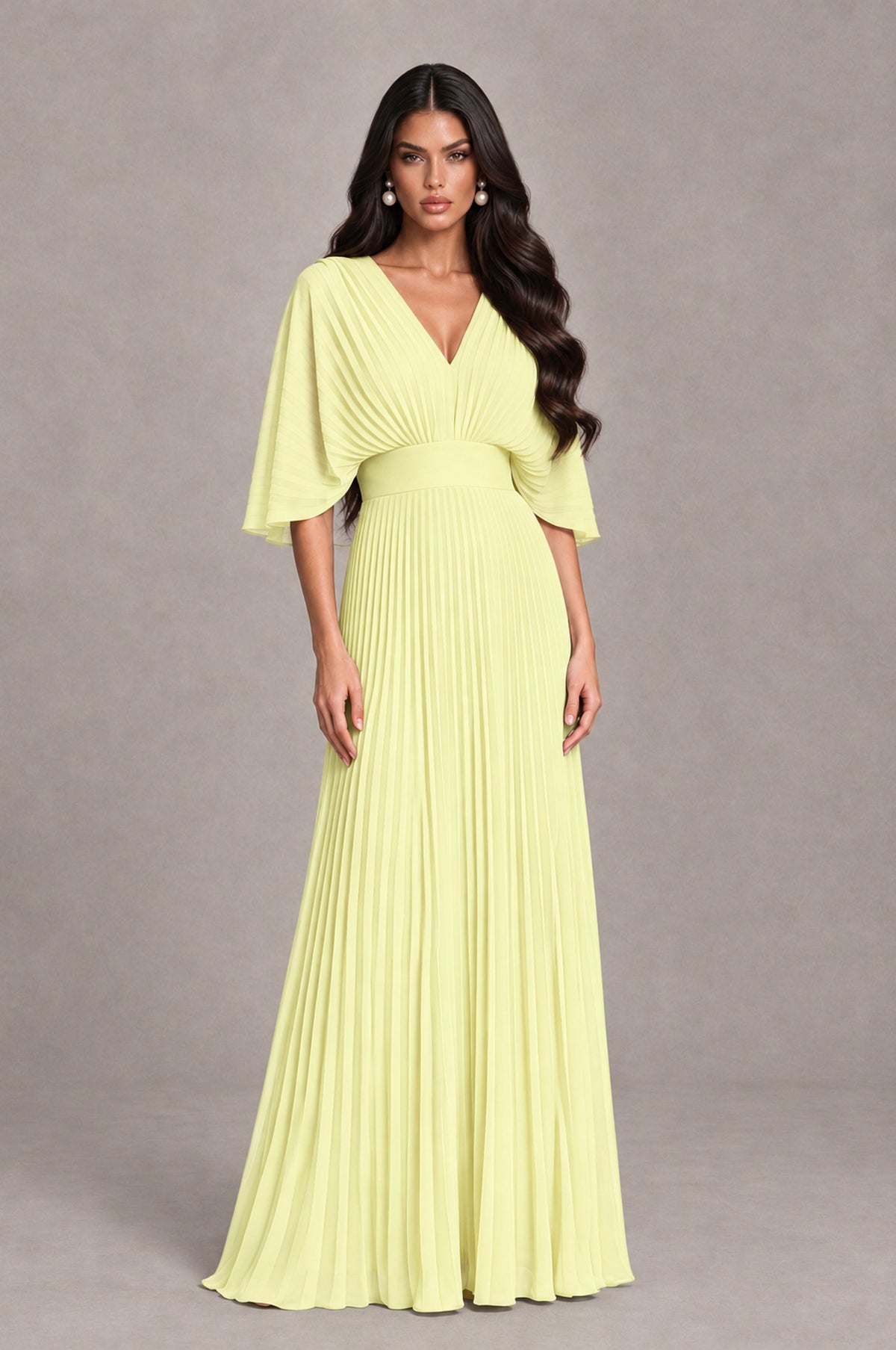BOLODOO Light Yellow V-Neck Pleated Flutter Sleeve Formal Dress - Light Yellow - Light Yellow_1