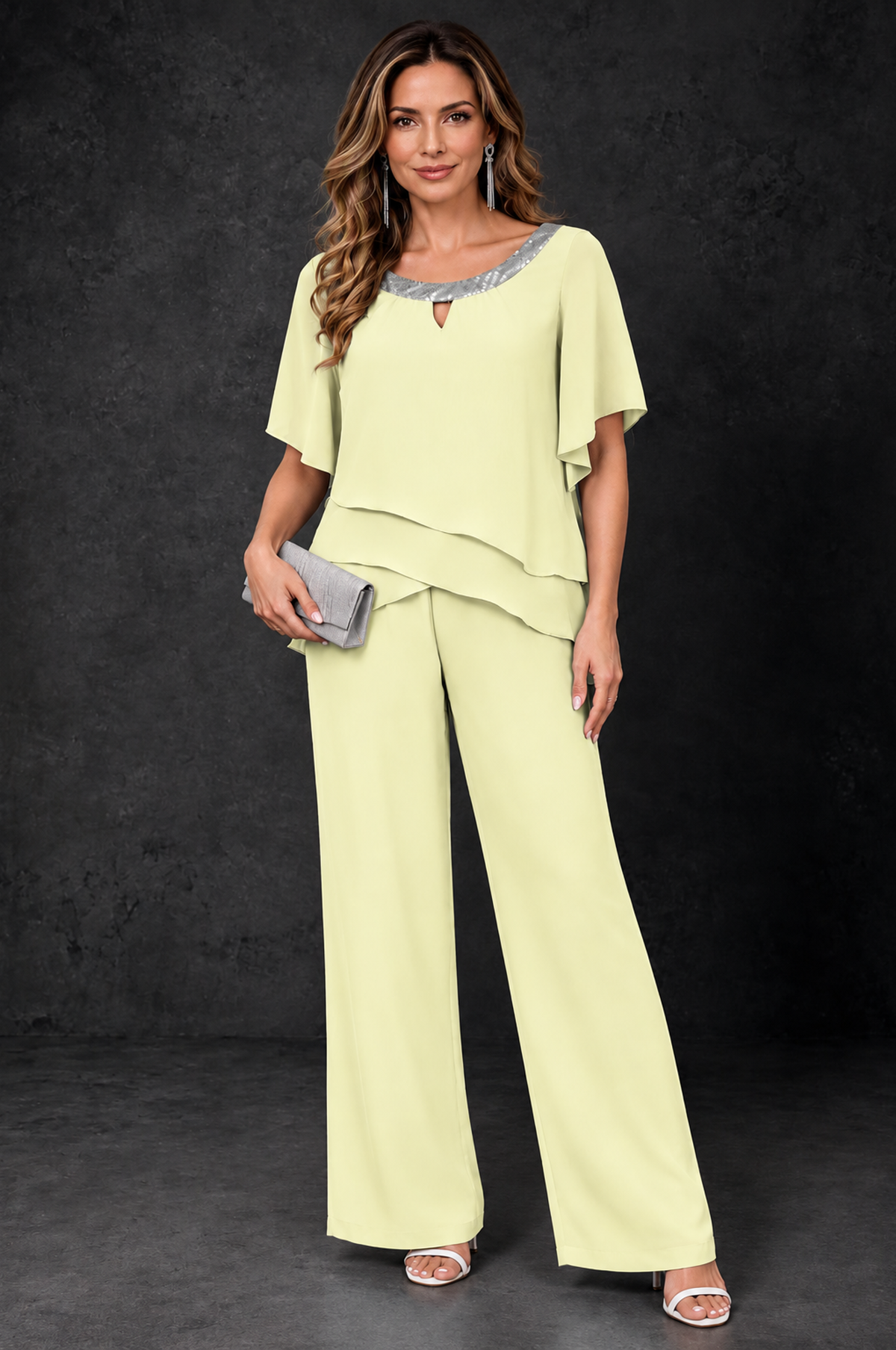 BOLODOO Light Yellow Layered Chiffon-Look Mother of the Bride Pantsuit - Light Yellow - Light_Yellow_1