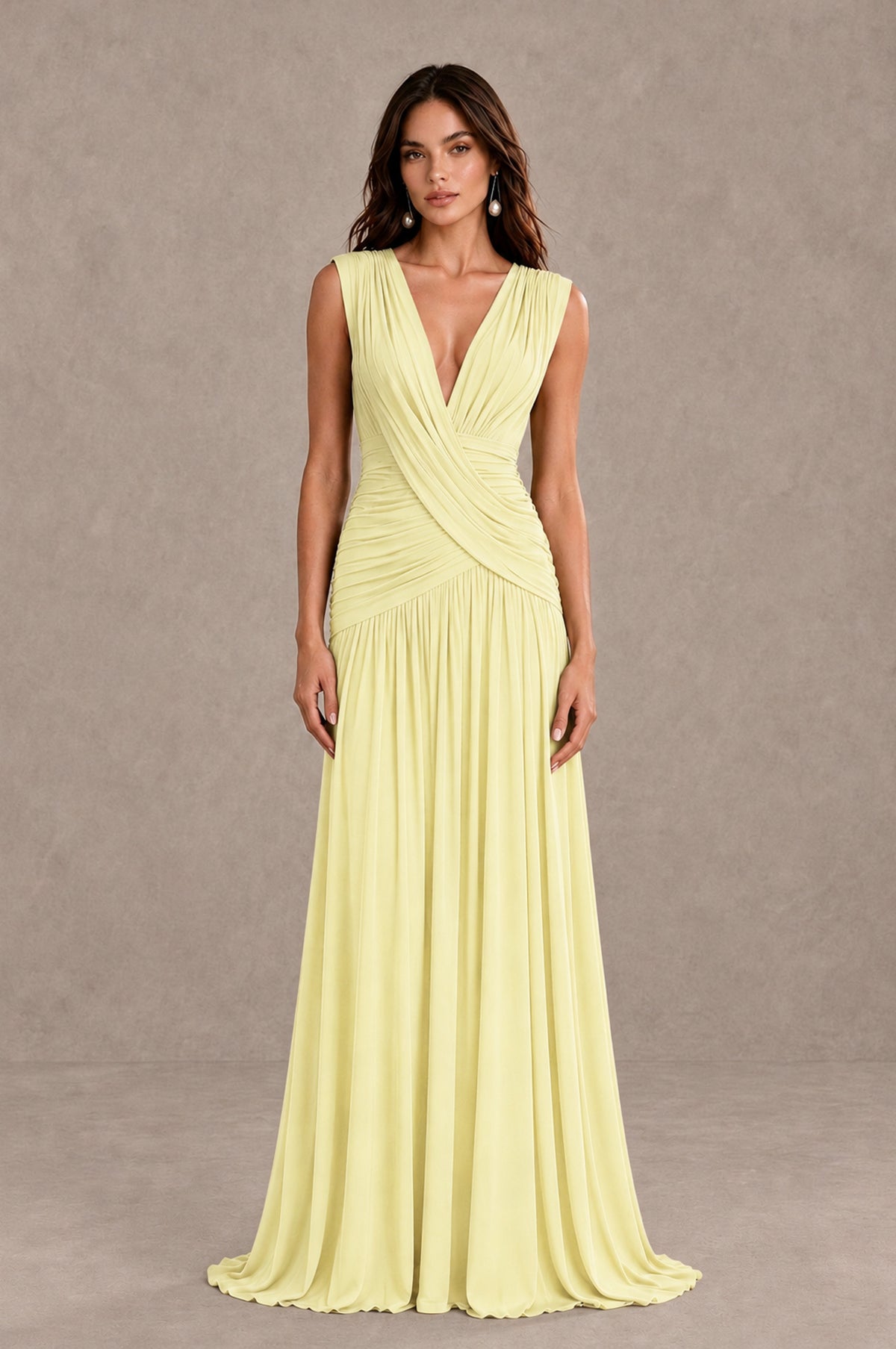 BOLODOO Light Yellow V-Neck Ruched Wedding Guest Dress - Light Yellow - Light Yellow_1