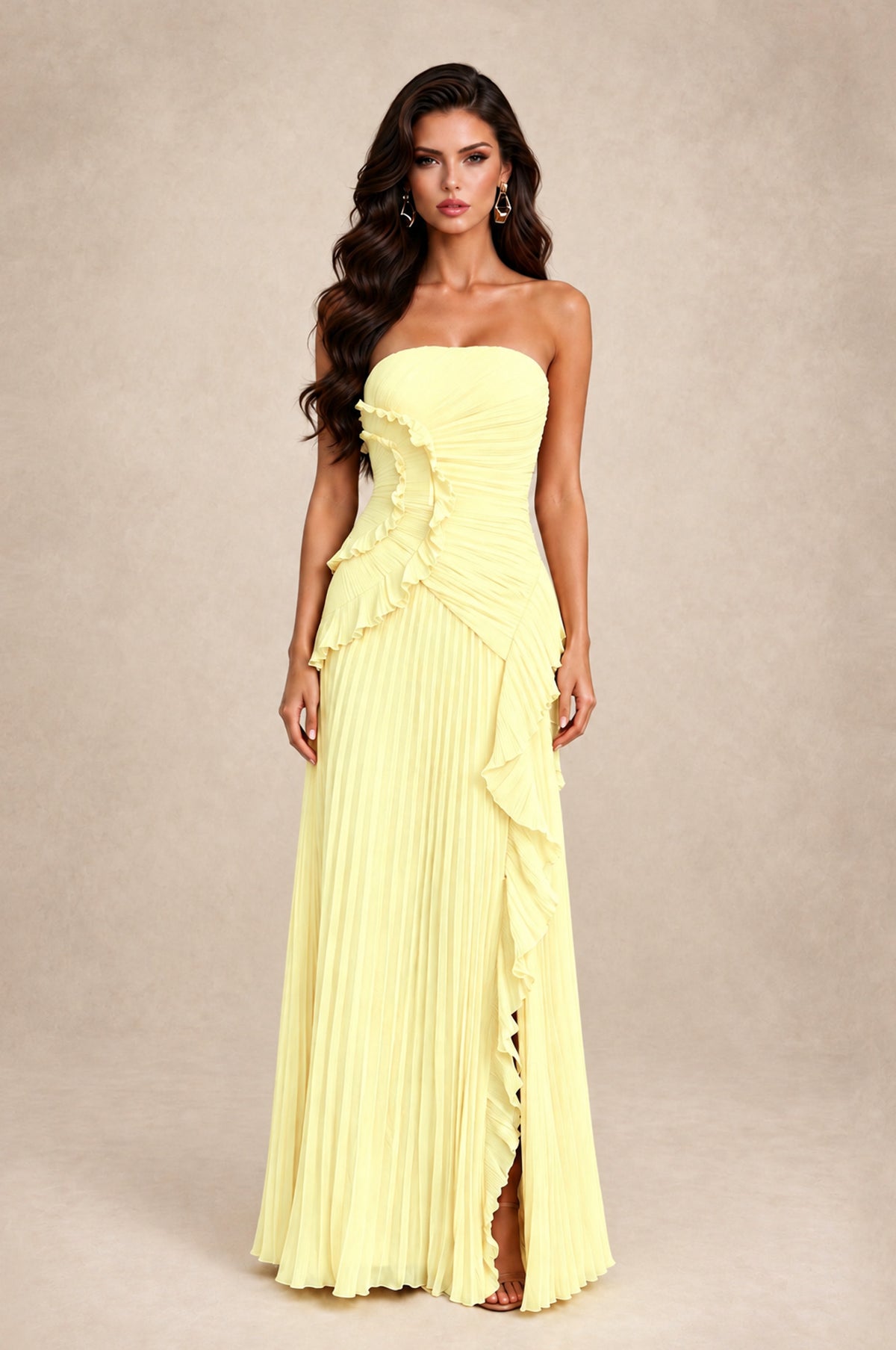 BOLODOO Light Yellow Strapless Ruffle Pleated Slit Evening Gown - Light Yellow - Light Yellow_1