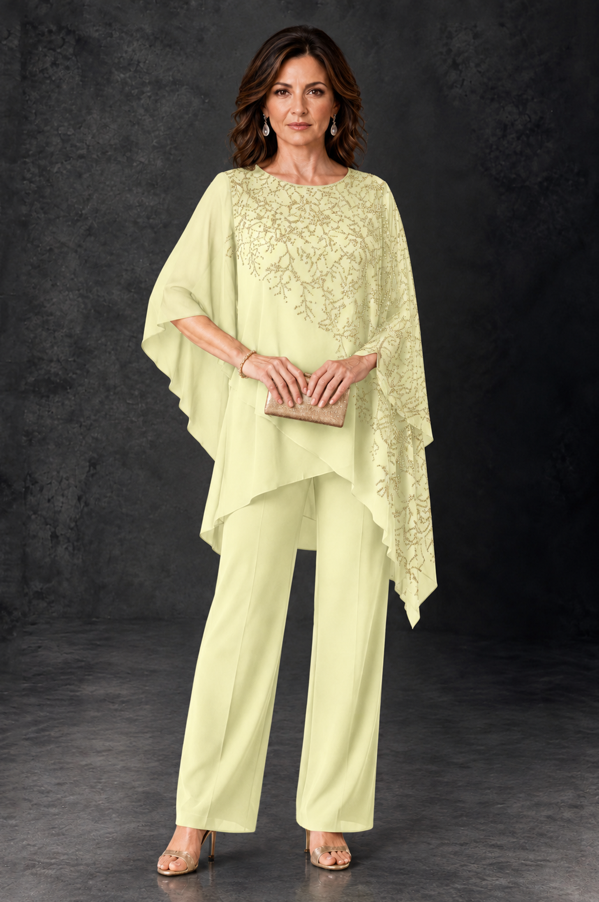 BOLODOO Light Yellow Embellished Cape Pant Suit for Mother of the Bride - Light Yellow - Light_Yellow_1