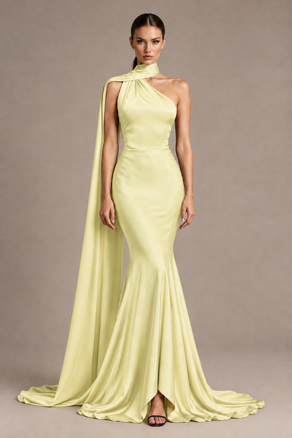 BOLODOO Light Yellow One-Shoulder Satin Mermaid Evening Dress with Scarf - Light Yellow - Light Yellow_1