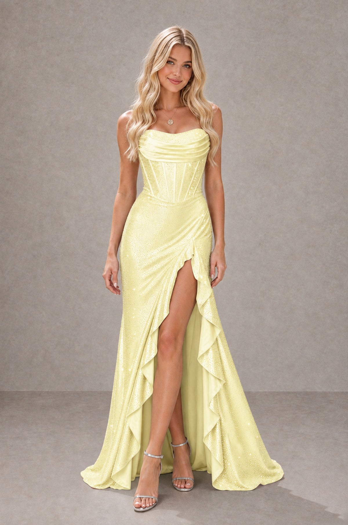 BOLODOO Light Yellow Strapless Corset Mermaid Prom Dress with Ruffle Slit - Light Yellow - Light Yellow_1