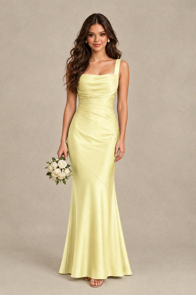 BOLODOO Light Yellow Square Neck Ruched Satin Lace-Up Bridesmaid Dress - Light Yellow - Light Yellow_1