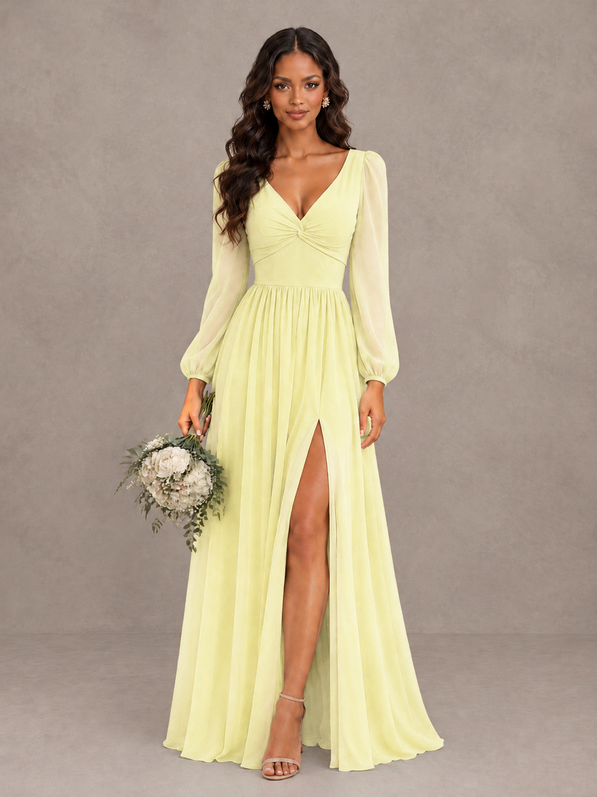 BOLODOO Light Yellow V-Neck Long Sleeve Bridesmaid Dress with Tie Back and Slit - Light Yellow - Light Yellow_1