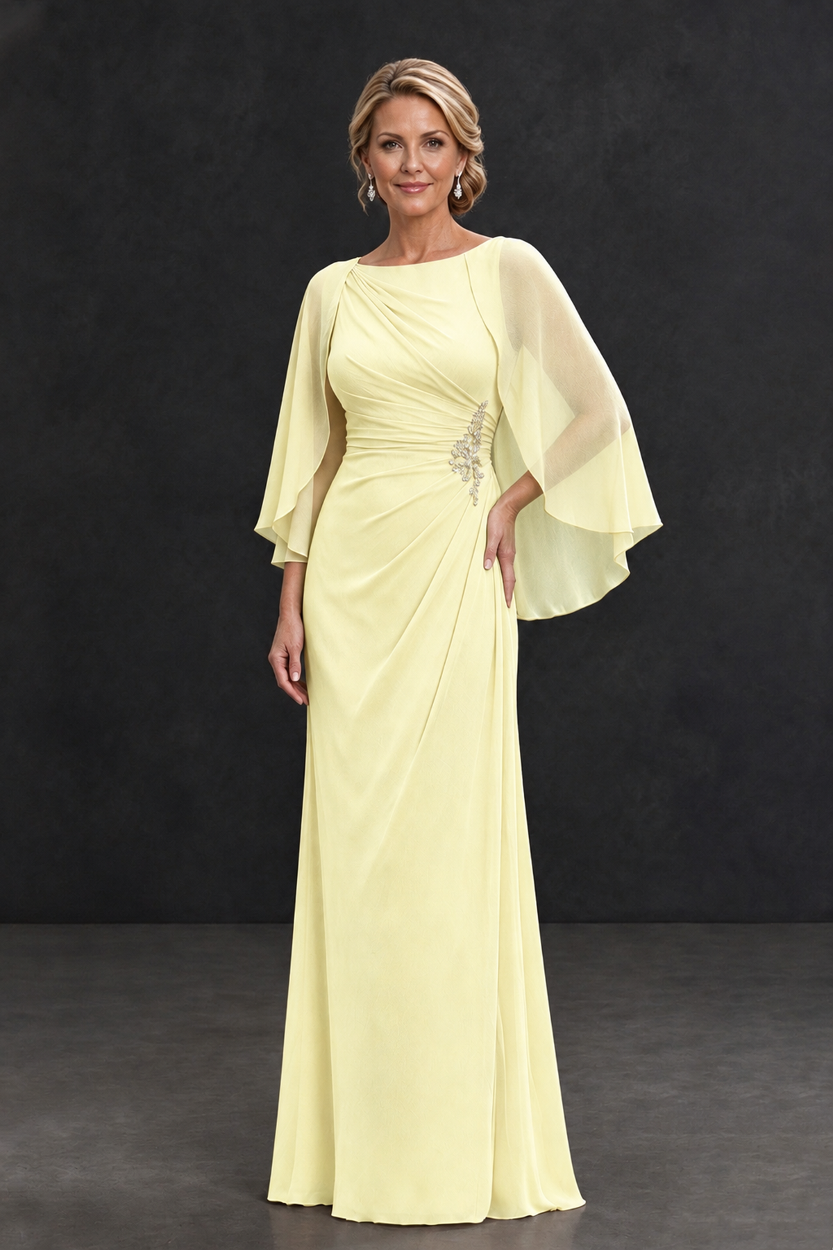 BOLODOO Light Yellow Cape Sleeve Mother of the Bride Dress with Ruched Waist - Light Yellow - Light Yellow_1