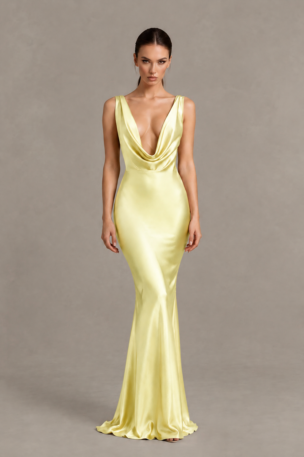 BOLODOO Light Yellow Cowl Neck Backless Satin Mermaid Evening Dress - Light Yellow - Light Yellow_1