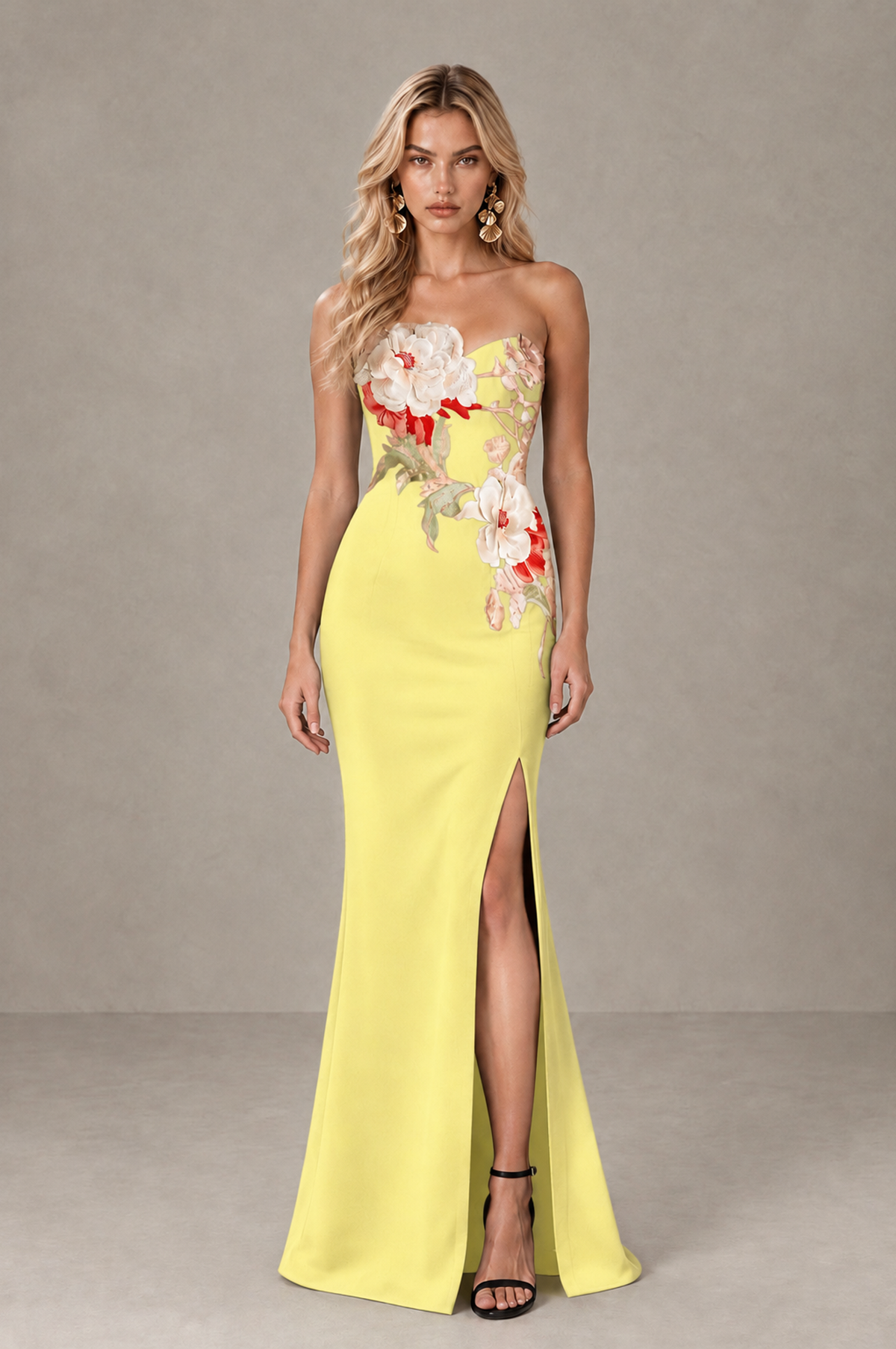 BOLODOO Light Yellow Strapless Floral Mermaid Evening Dress with Slit - Light Yellow - Light_Yellow_1