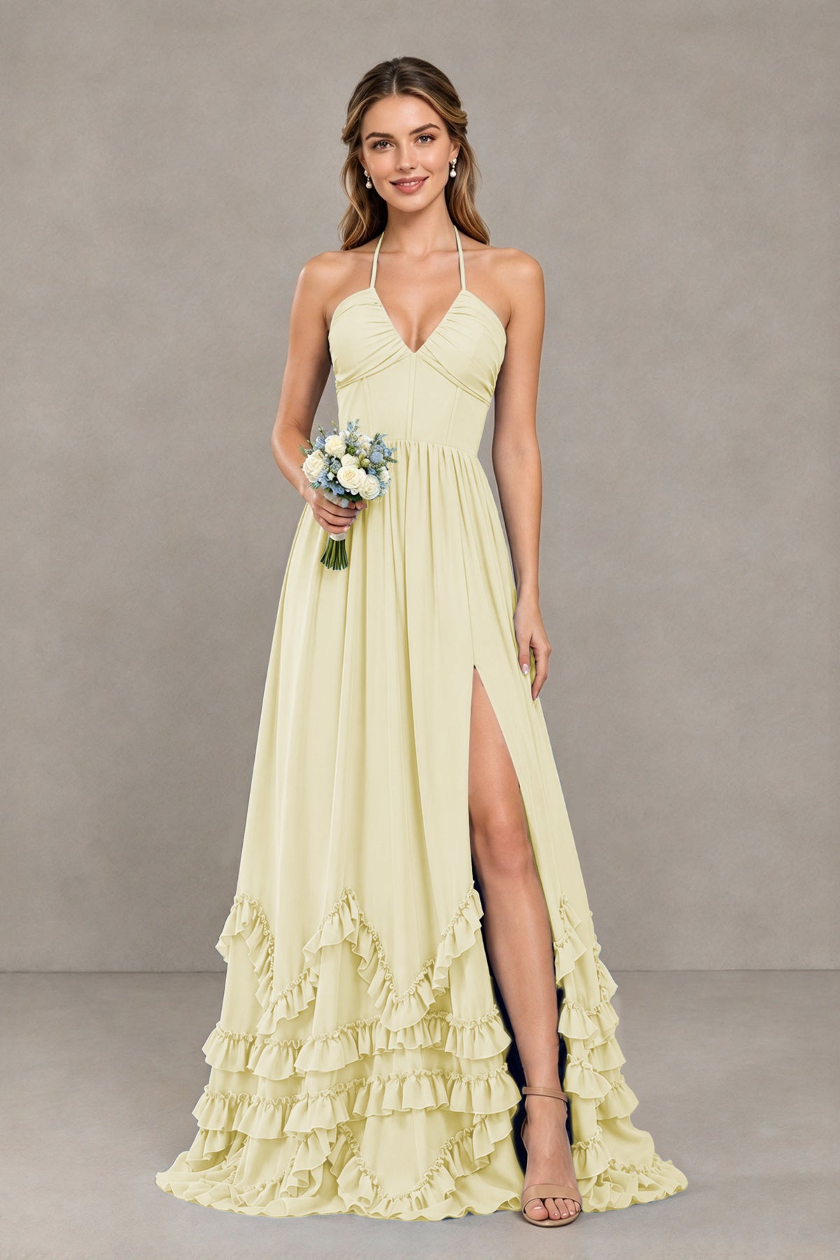 BOLODOO Light Yellow Halter Ruffle Hem A-Line Bridesmaid Dress with High Slit - Light Yellow - Light Yellow(1)