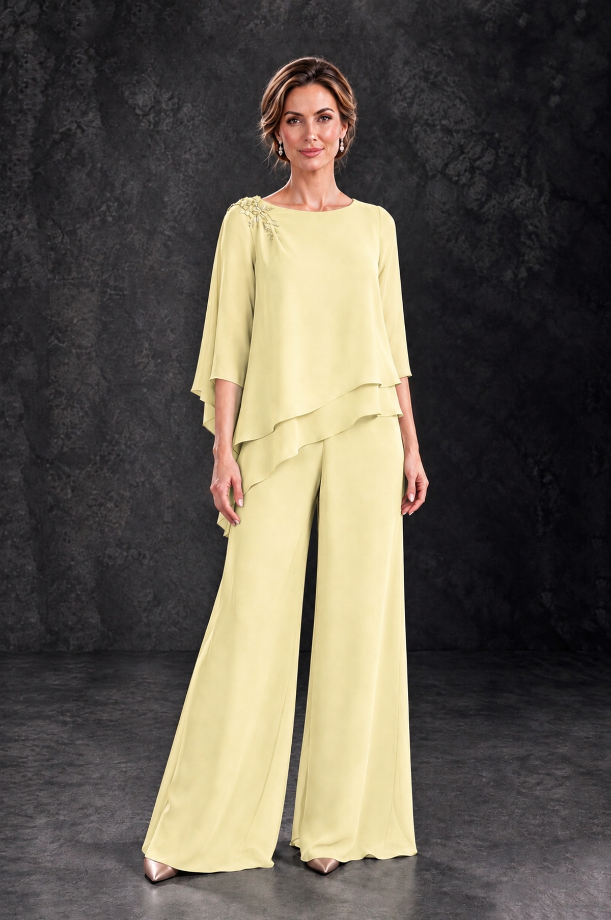 BOLODOO Light Yellow Layered Wide-Leg Mother of the Bride Pant Suit - Light Yellow - Light Yellow_1