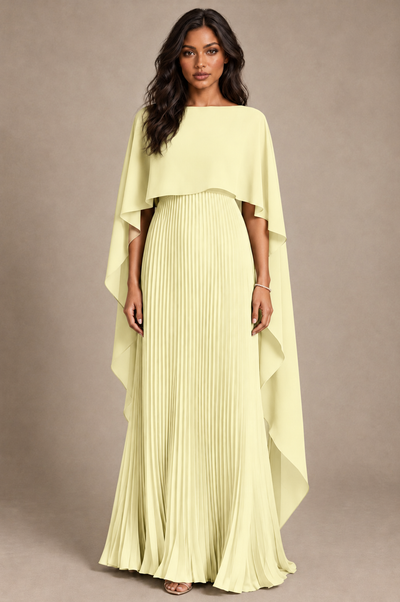 BOLODOO Light Yellow Pleated Cape A-Line Evening Dress - Light Yellow - Light_Yellow_1