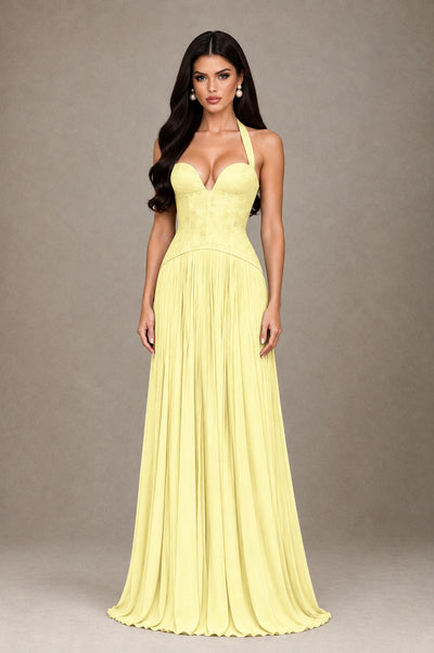 BOLODOO Light Yellow Halter Corset Pleated A-Line Evening Dress - Light Yellow - Light Yellow_1