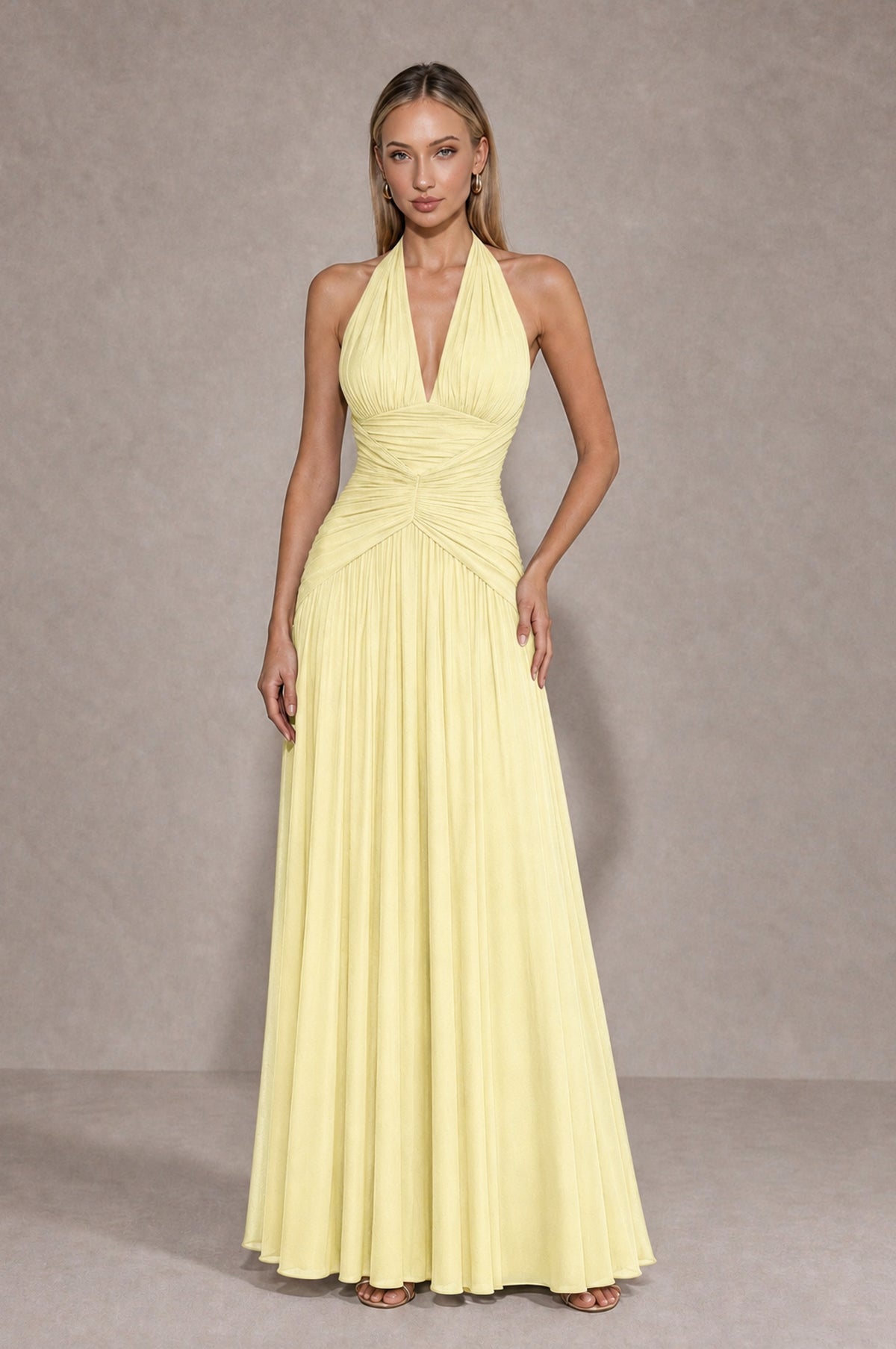 BOLODOO Light Yellow Chiffon Halter Deep V-Neck Ruched A-Line Backless Maxi Dress with Train-BD0167 - Light Yellow - Light Yellow_1