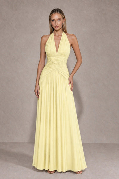 BOLODOO Light Yellow Chiffon Halter Deep V-Neck Ruched A-Line Backless Maxi Dress with Train-BD0167 - Light Yellow - Light Yellow_1