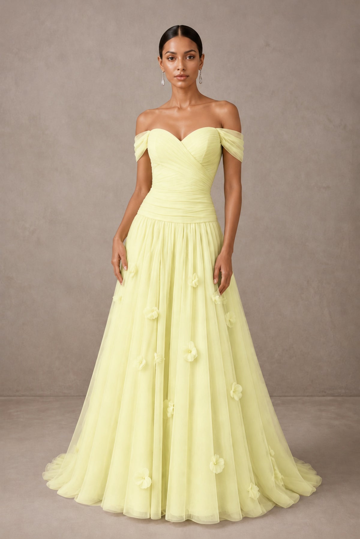 Light Yellow Off-Shoulder Sweetheart A-Line Tulle Gown with 3D Floral Appliques | BOLODOO - Light Yellow
