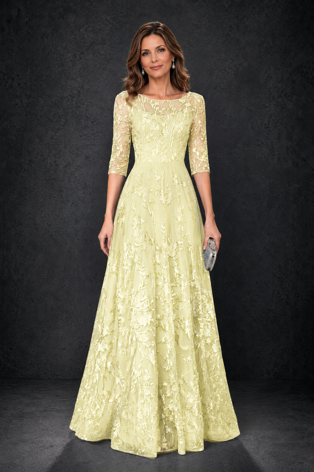 BOLODOO Light Yellow Illusion Bateau Neck 3/4 Sleeve Floral Lace A-Line Mother of the Bride Dress MX007 - Light Yellow - Light_Yellow_1