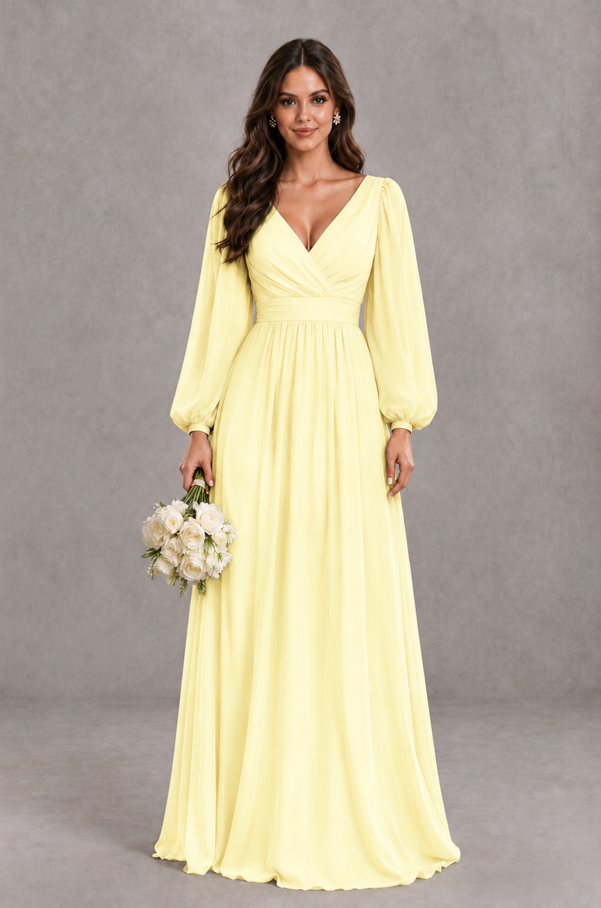 BOLODOO Light Yellow Long Sleeve V-Neck A-Line Bridesmaid Dress - Light Yellow - Light Yellow_1