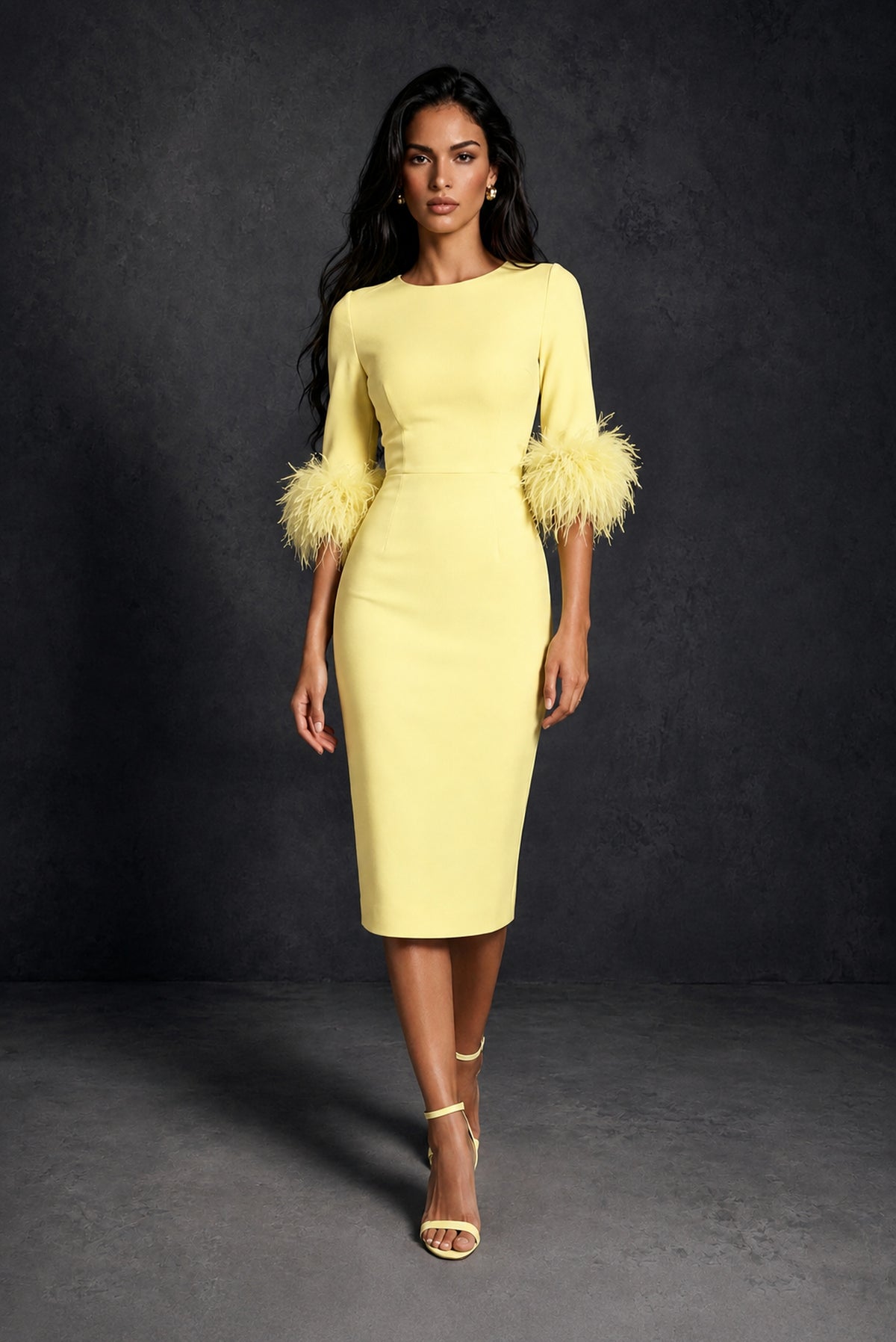 BOLODOO Light Yellow Ostrich Feather Cuff 3/4 Sleeve Round Neck Bodycon Midi Dress with Back Slit - Light Yellow
