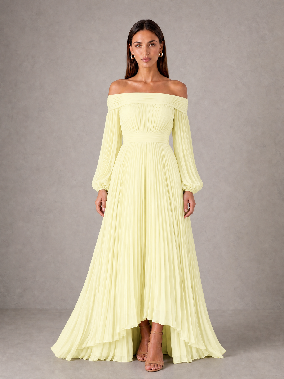 BOLODOO Light Yellow Off-Shoulder Long Sleeve Pleated High-Low Dress - Light Yellow - Light_Yellow_1