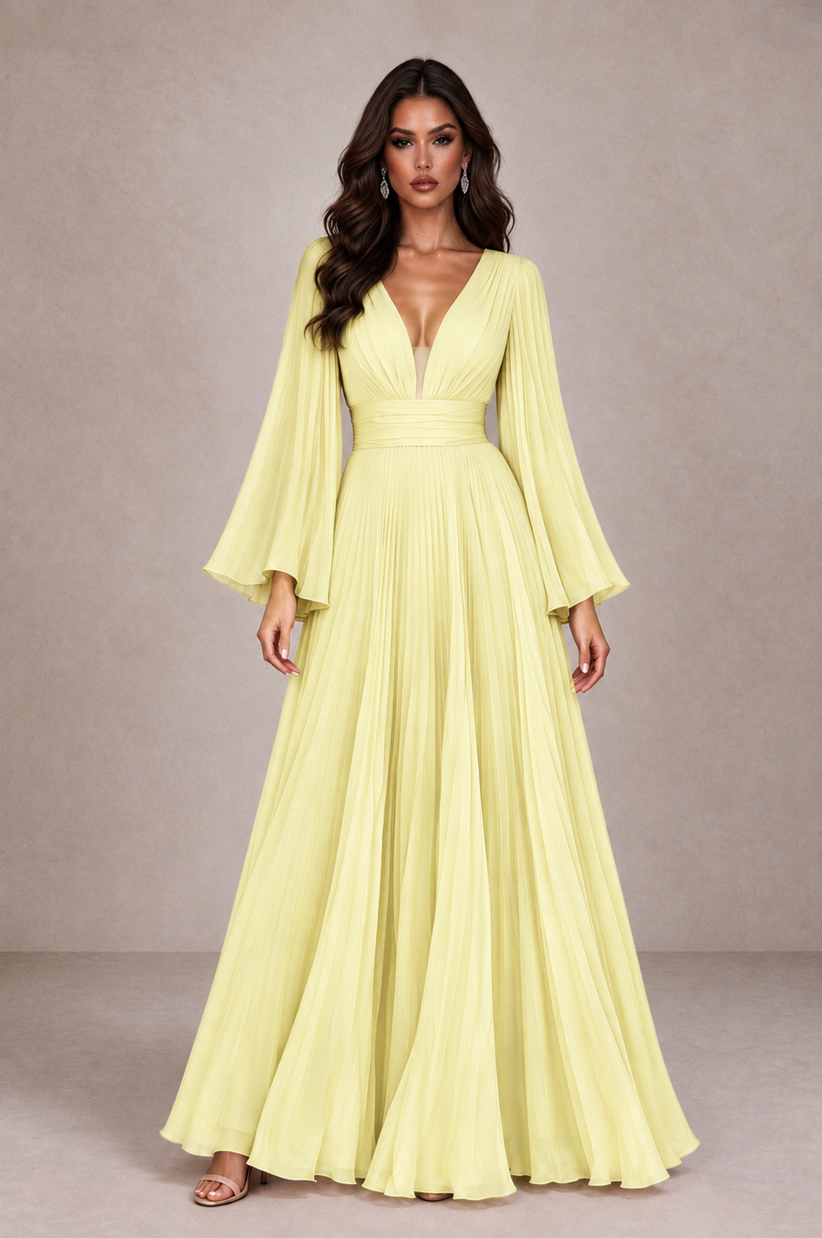 BOLODOO Light Yellow Pleated Deep V-Neck Long Bell Sleeve Evening Dress - Light Yellow - Light_Yellow_1