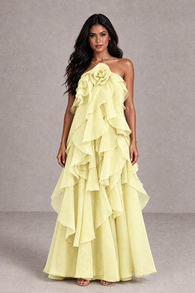 BOLODOO Light Yellow Cascading Ruffle Rosette Open-Back Maxi Dress - Light Yellow - Light Yellow_1