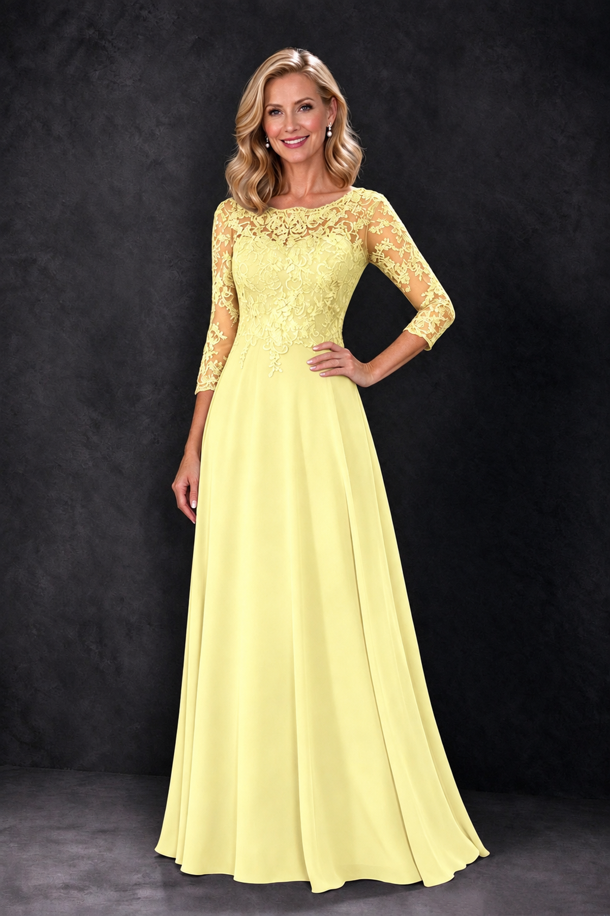 BOLODOO Light Yellow Lace Embroidered Mother of the Bride Dress with 3/4 Sleeves - Light Yellow - Light Yellow_1
