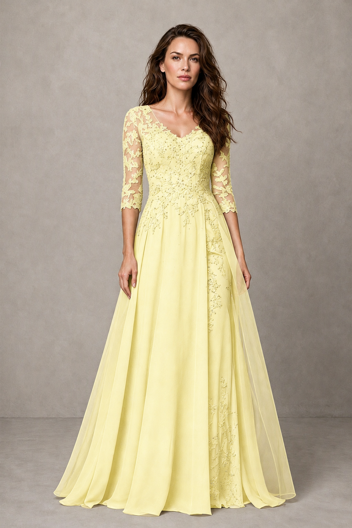 BOLODOO Midnight Light Yellow Beaded Lace Appliqué Chiffon A-Line Gown | Mother of the Bride & Formal Evening Dress - Light Yellow - Light Yellow_1