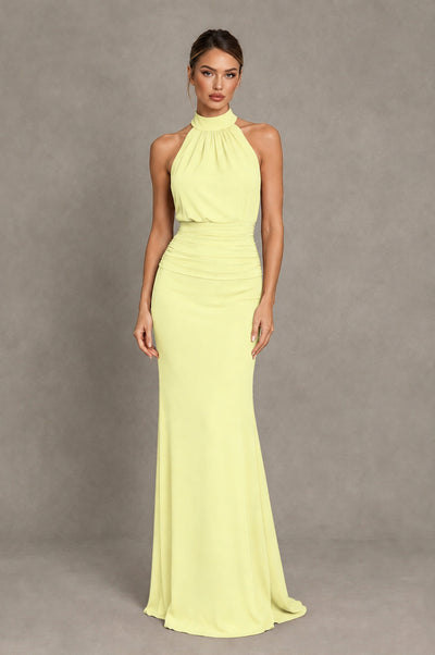 BOLODOO Light Yellow Chiffon Halter Maxi Formal Wedding Guest Dress - Light Yellow - Light Yellow_1