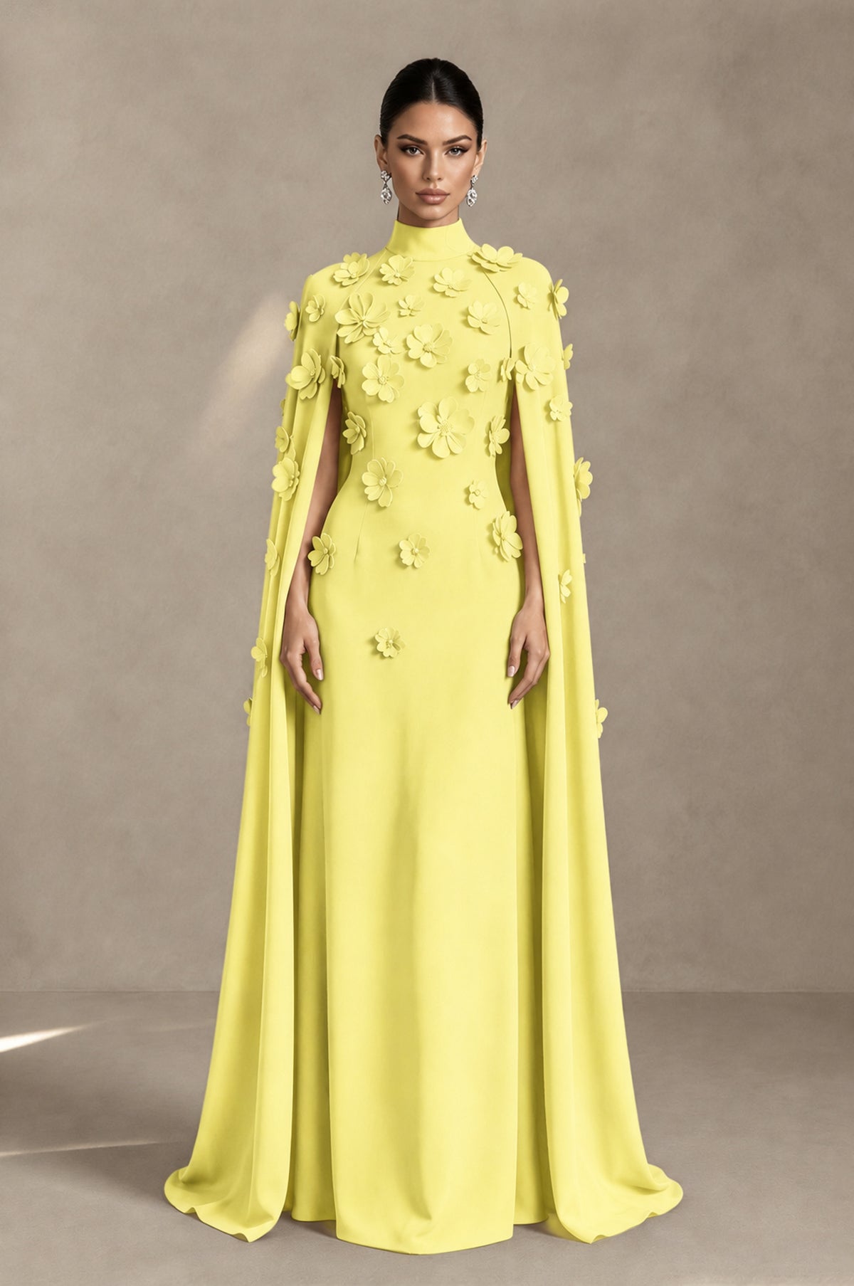 BOLODOO Light Yellow 3D Floral Applique Cape Formal Dress - Light Yellow - Light Yellow_1