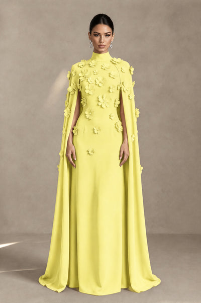 BOLODOO Light Yellow 3D Floral Applique Cape Formal Dress - Light Yellow - Light Yellow_1