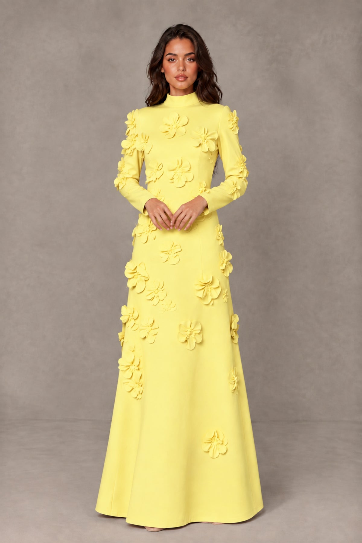 BOLODOO Light Yellow High Neck Long Sleeve 3D Floral Evening Gown - Light Yellow