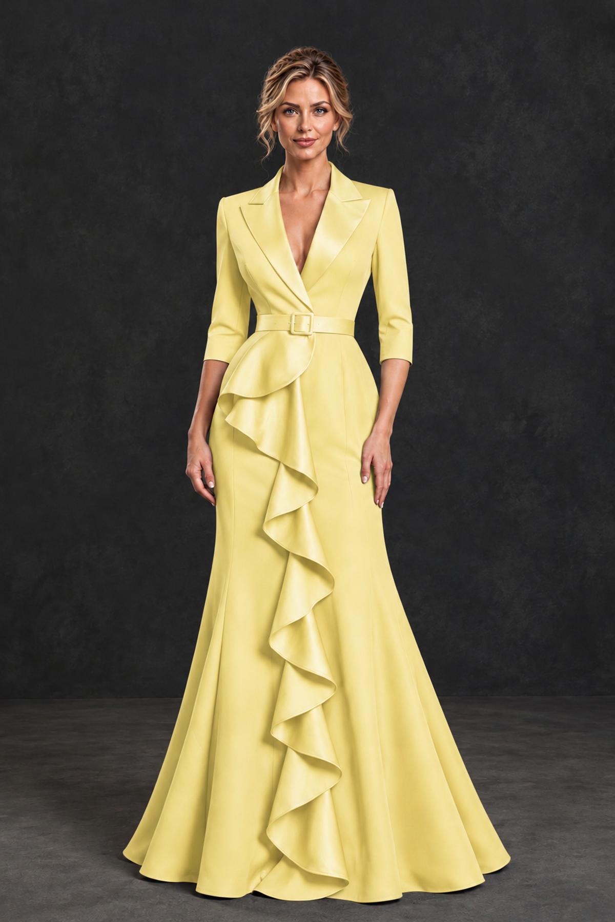 BOLODOO Light Yellow Lapel Ruffle Mother of the Bride Dress with Belt - Light Yellow - Light Yellow_1