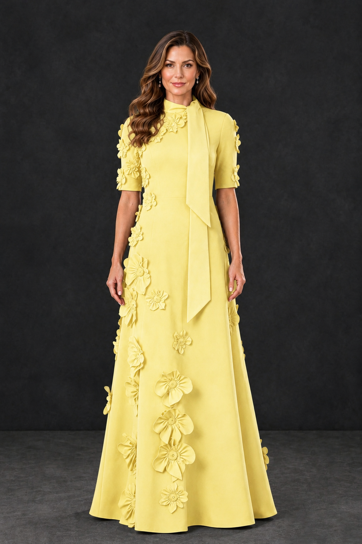 BOLODOO Light Yellow Floral Applique High-Neck Half-Sleeve Gown - Light Yellow - Light Yellow_1