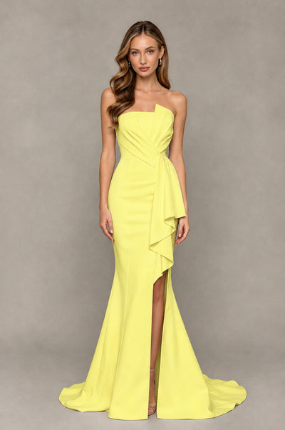 BOLODOO Light Yellow Strapless Mermaid Evening Dress with Ruffle Slit and Train - Light Yellow - Light Yellow_1