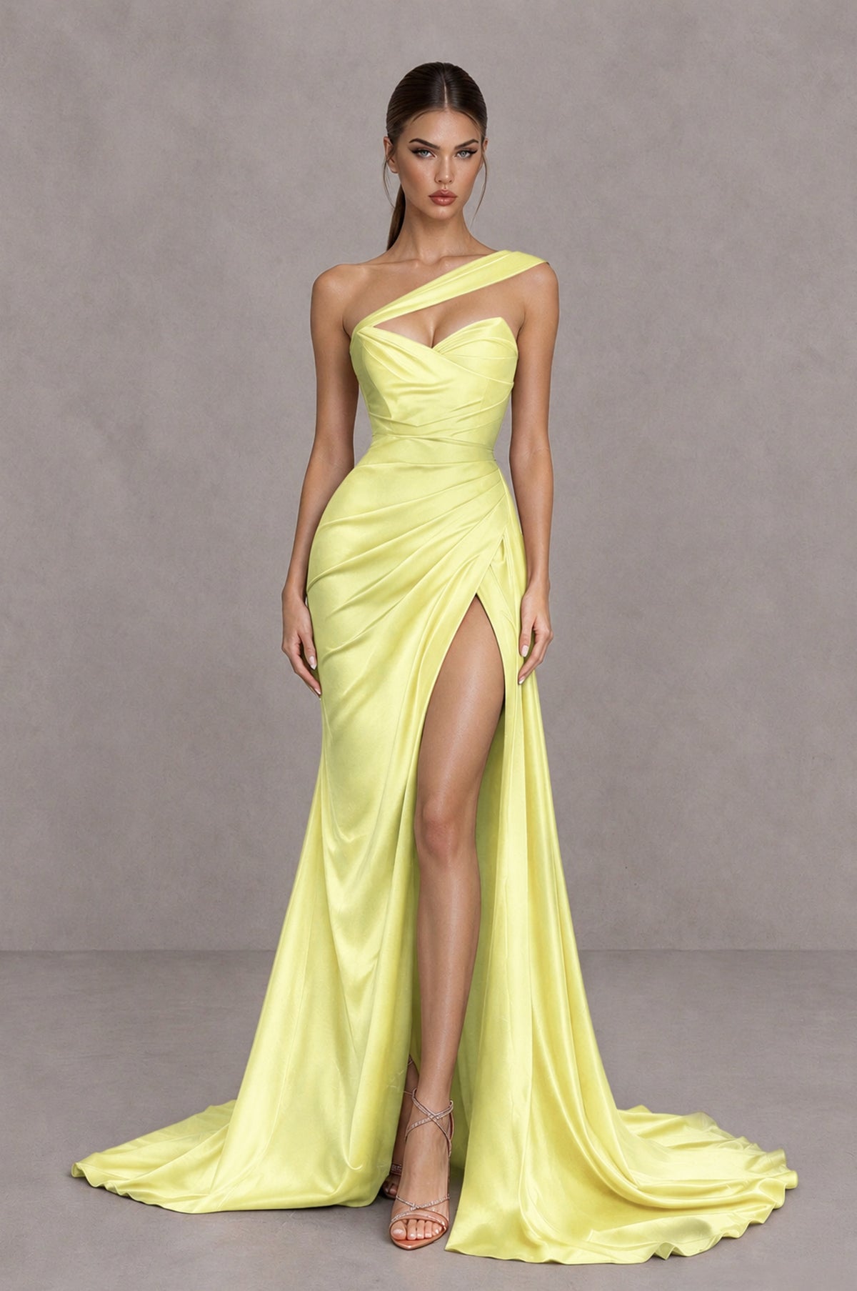BOLODOO Light Yellow One Shoulder Satin Mermaid Evening Dress with Ruched Slit Skirt - Light Yellow - Light Yellow_1