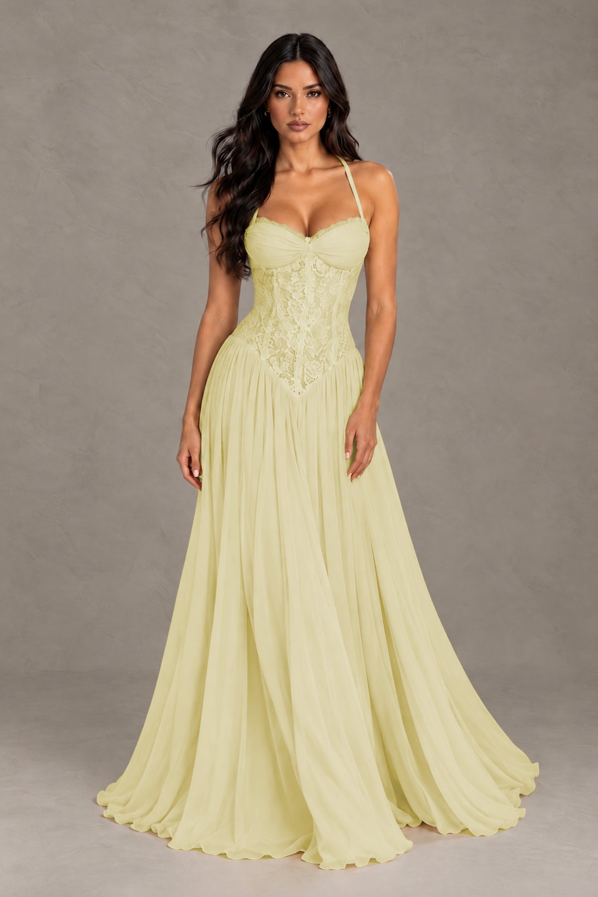 BOLODOO Light Yellow Lace Corset Halter Maxi Gown – Backless A-Line Formal Dress - Light Yellow - Light Yellow(1)