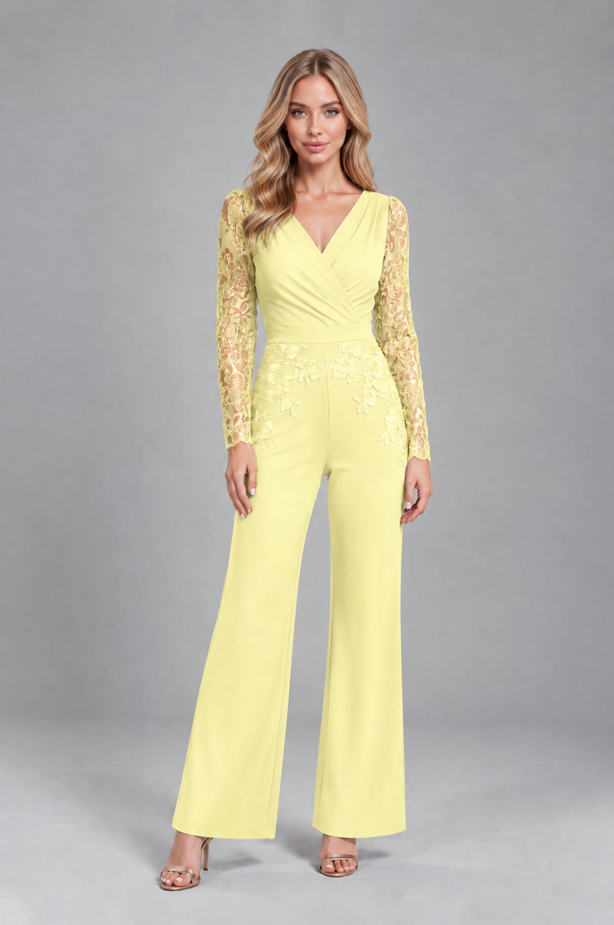 BOLODOO Light Yellow Lace Long-Sleeve V-Neck Mother Pant Suit - Light Yellow - Light Yellow_1