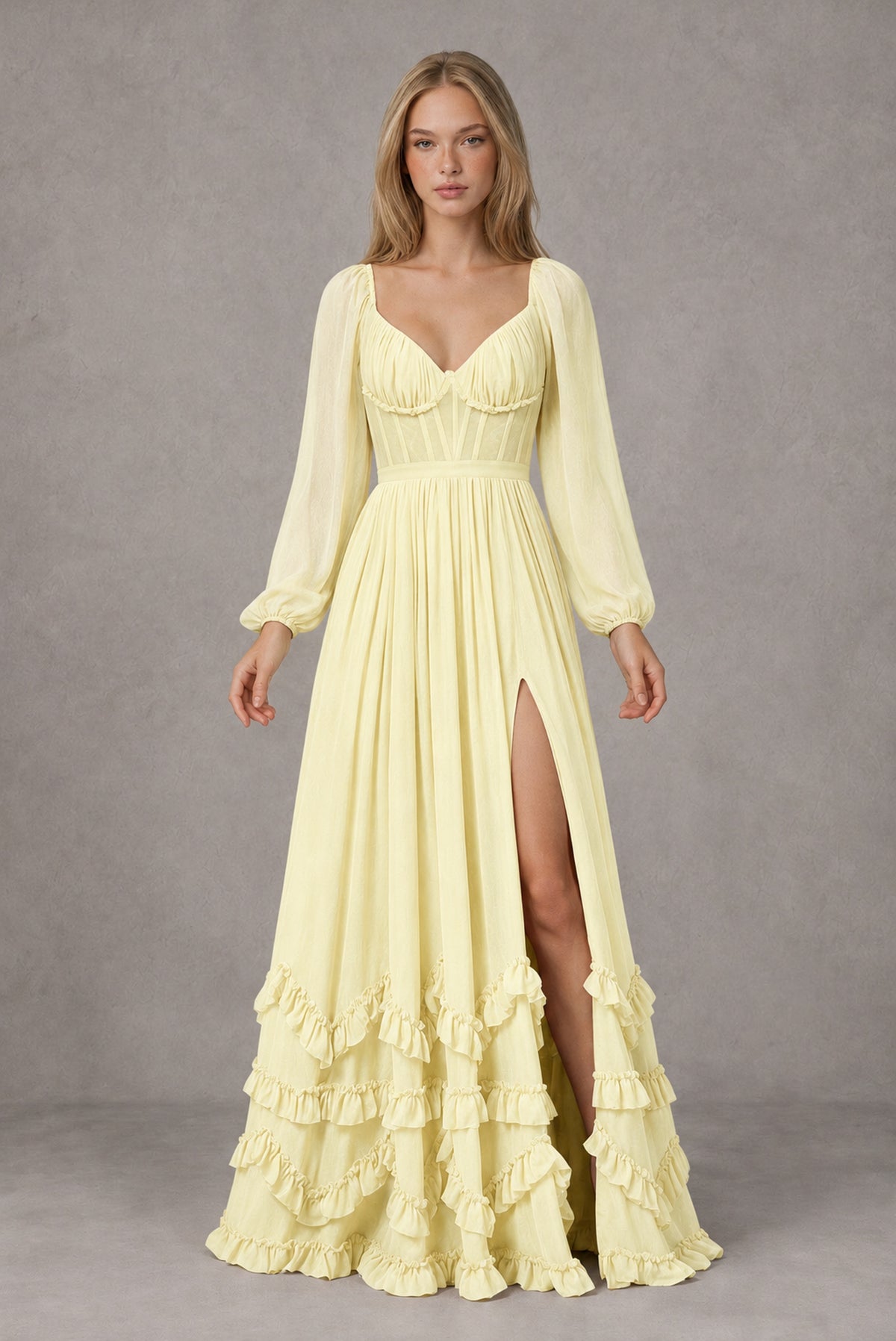 Light Yellow Long-Sleeve Ruffle Maxi Dress with Lace-Up Back and Slit - Light Yellow