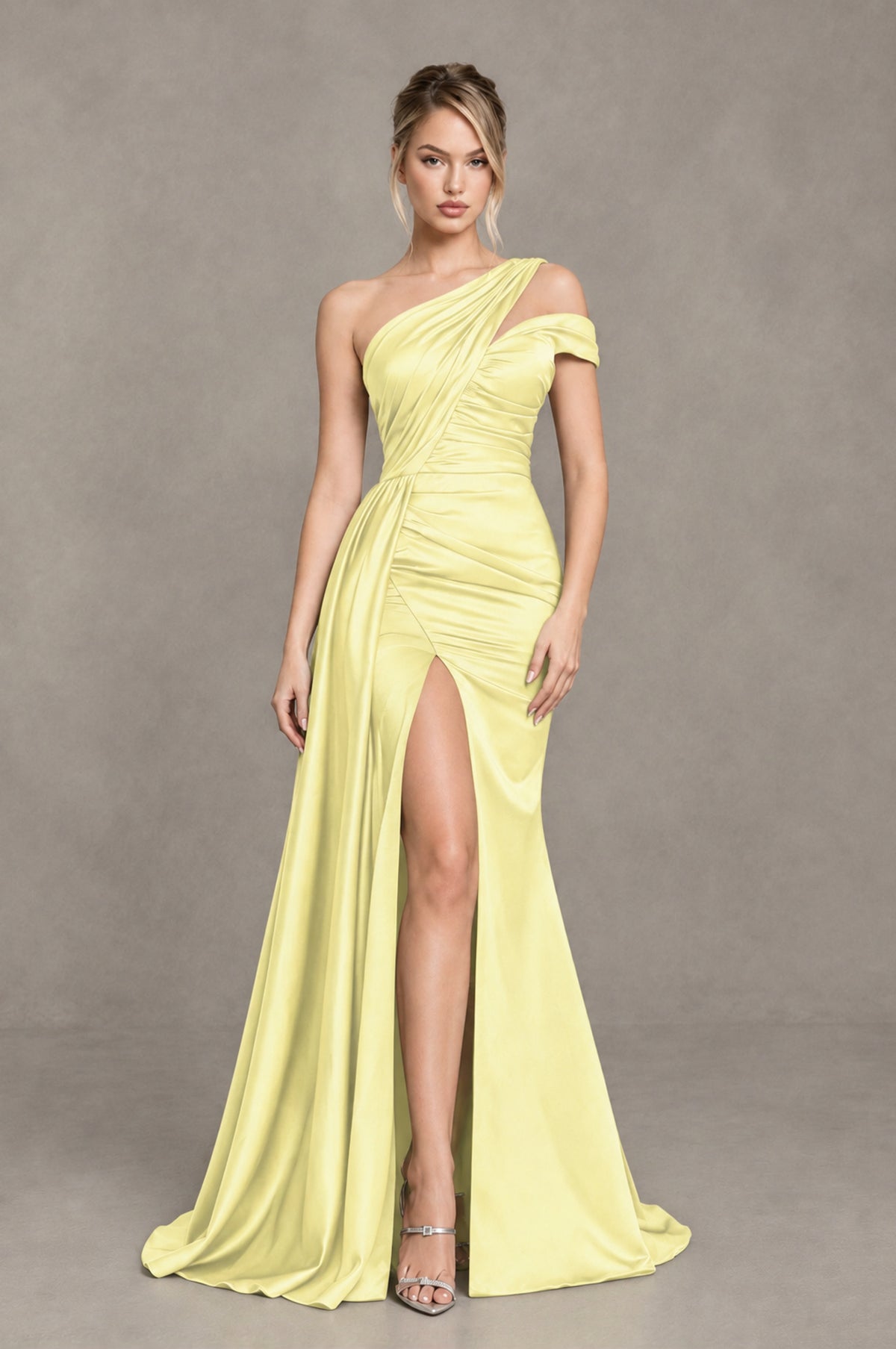 BOLODOO Light Yellow Asymmetric Ruched Formal Evening Dress - Light Yellow - Light Yellow_1